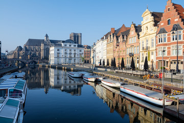 Fototapeta premium embankment Graslei and medieval buildings. Former center of the medieval harbor. Ghent, Belgium.