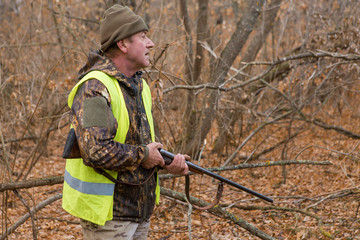 Hunters with a german drathaar and spaniel, pigeon hunting with dogs in reflective vests	