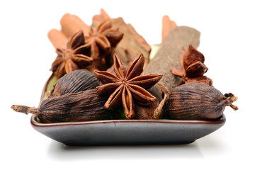 Various seasonings on white background 