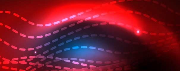 Fototapeta premium Smooth wave lines on blue neon color light background. Glowing abstract wave on dark, shiny motion, magic space light
