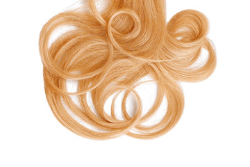 Curly golden blond hair isolated on white background. Circle shaped