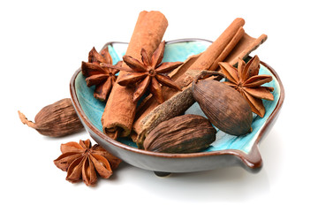 Various seasonings on white background 