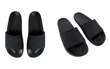 Black Slip on slippers sandals isolated on white background. ready for your mock up design logo - obrazy, fototapety, plakaty