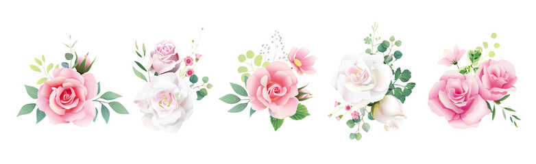 Floral romantic bouquets for wedding invite or greeting card. White pink peach Rose and Anemone flower, Greenery leaves. element set. - obrazy, fototapety, plakaty