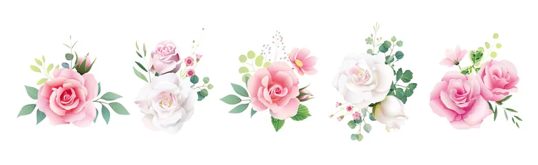 Fototapete Blumen Romantische Blumensträuße für Hochzeitseinladung oder Grußkarte. Weiße rosa Pfirsich-Rose und Anemonenblume, Grünblätter. Elementsatz.