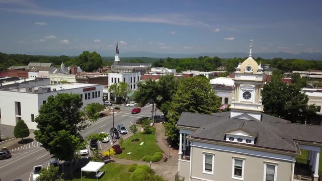 Aerial of drone flying past the old Burke County Courthouse in Morganton North Carolina in 4k