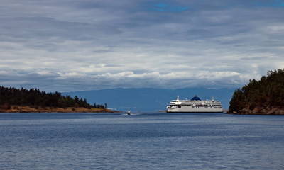 The ferry makes a regular flight from Vancouver to Nanaimo, windy day, stormy sky, stormy sea, blue water with a green tint