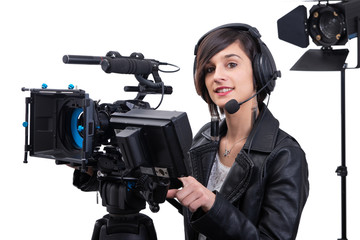 young woman with professional video camera, dslr, on white