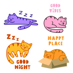Set of cute sleeping cats. Hand drawn vector lettering illustration for postcard, t shirt, print, kids nursery, stickers, wear, posters design.