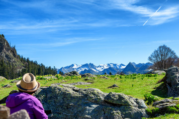 Fototapeta premium woman hiker on the path in the french Pyrenees