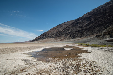 Death Valley, California / USA - May 24, 2019: Badwater Baseline in Death Valley California. Salt landscape in a National Park.