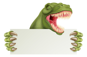 A scary dinosaur T Rex cartoon character holding a sign with space for your copy 