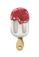 Ice cream on a stick with raspberry topping, for hot summer compositions on the theme of rest in amusement parks and on the beach. Also well used for design on the theme of children's parties.
