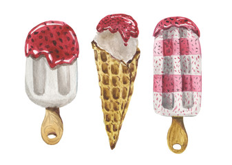 A set of three servings of ice cream, two on a stick and one in a waffle cone with raspberry jam. Ice cream for hot summer compositions on the theme of relaxing in amusement parks and on the beach.