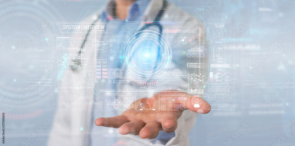 Fototapete scientist using digital technological interface with datas 3d rendering