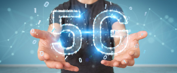 Businessman using 5G network digital hologram 3D rendering