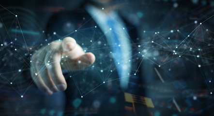 Businessman using floating digital network connections with dots and lines 3D rendering