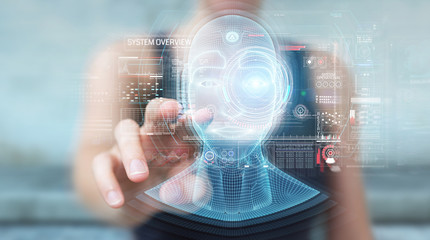 Woman using digital artificial intelligence head interface 3D rendering