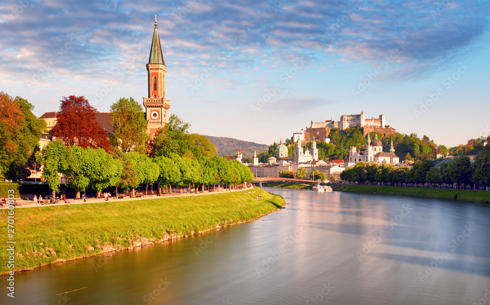 Poster Classic view of the historic city of Salzburg with Salzburg Cathedral and famous Festung Hohensalzburg, Salzburger Land, Austria