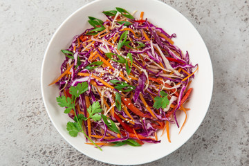 red cabbage, carrot and bell pepper cole slaw salad, healthy vegan salad in white bowl