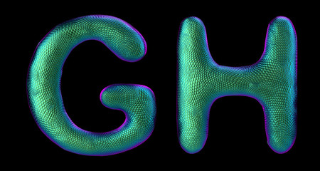 Letter set G, H made of realistic 3d render natural green snake skin texture.