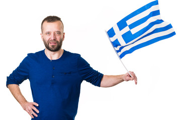 Man with greek waving flag, on white