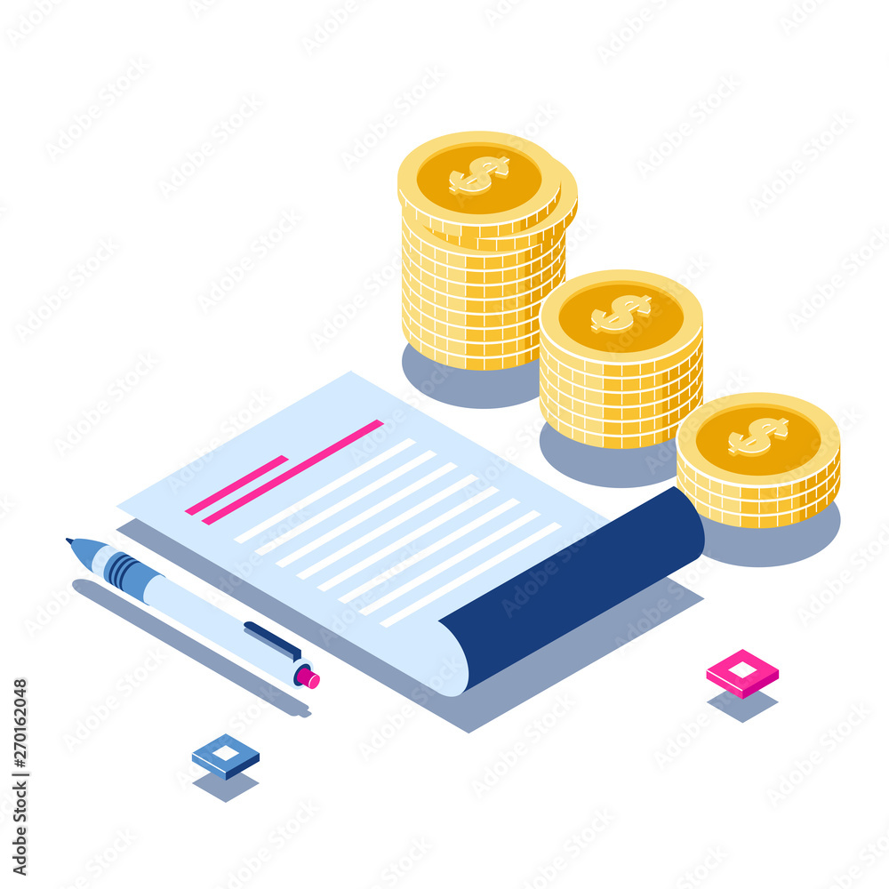 Poster business analytics and coins stack isometric concept. reporting document and automatical pen on the 