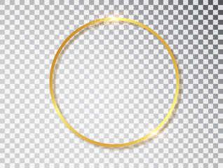 Gold shiny glowing vintage frame with shadows isolated on transparent background. Golden luxury realistic round border. Vector illustration.