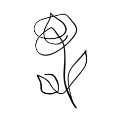 Continuous line hand drawing calligraphic vector flower rose concept logo beauty. Scandinavian spring floral design element in minimal style. black and white