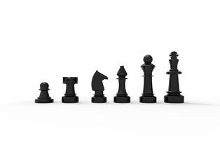 3D rendering of black chess pieces isolated on white background.
