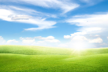Beautiful landscape view of Green grass natural meadow field and little hill with white clouds and blue sky in summer seasonal.