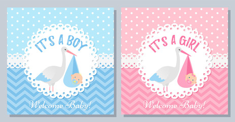 Baby Shower card. Vector. Baby boy, girl invite design. Cute blue, pink banner. Birth party background. Welcome template invitation with newborn kid, stork. Greeting poster. Cartoon illustration.