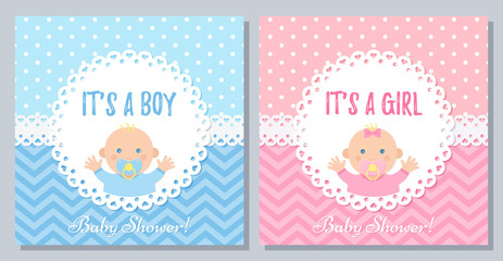 Baby Shower invitation. Vector. Baby boy, girl card. Cute blue pink design banner. Birth party background. Happy greeting pastel poster. Welcome template invite with newborn kid. Flat illustration