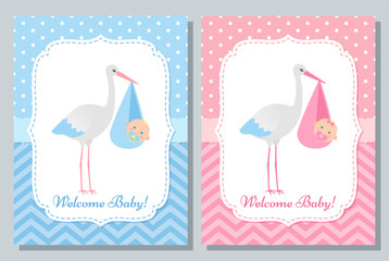 Baby Shower invitation card. Vector. Baby boy, girl banner. Welcome template invite. Pink blue design. Cute birth party background. Happy greeting poster with newborn kid and stork. Flat illustration