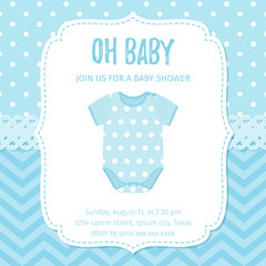 Baby Shower invitation. Vector. Baby boy card. Welcome template invite banner. Cute blue design with onesie. Birth party background. Happy greeting holiday poster. Cartoon flat illustration.