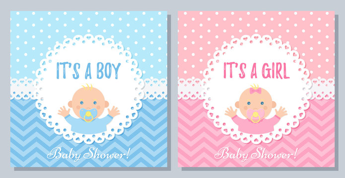 Baby Shower Invitation. Vector. Baby Boy, Girl Card. Cute Blue Pink Design Banner. Birth Party Background. Happy Greeting Pastel Poster. Welcome Template Invite With Newborn Kid. Flat Illustration