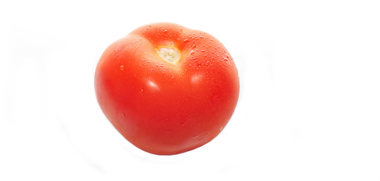 Red Tomato With Water Drops On White Background Cut Out Close-up