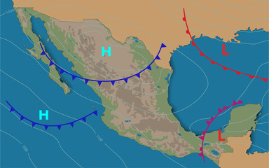 Mexico.Weather map of the Mexico. Meteorological forecast. Realistic and Editable synoptic map of the country showing isobars and weather fronts. Vector illustration. EPS 10. - obrazy, fototapety, plakaty