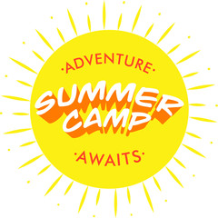 Summer camp typography lettering design. Label, logo, badge, sticker, stamp.