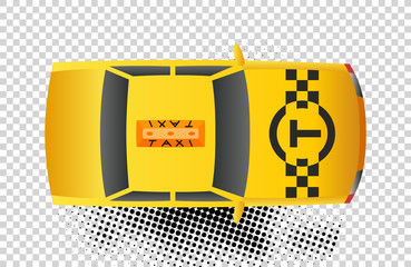 Taxi car top view icon. Yellow taxicab sedan with checker top light box on roof flat style vector illustration isolated on white background. For taxi service app, transport company ad, infographics.