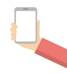 Hand holding smartphone in flat vector illustration
