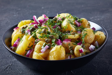 savory german new potato salad, top view
