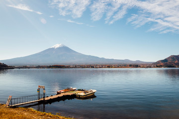 Fuji mountain and pier at Kawaguchiko lake, Japan