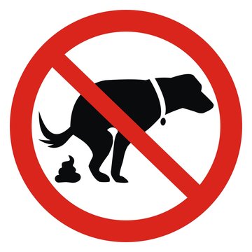 Dog and excrement, no dog pooping sign. Information red circular sign for dog owners. Shitting is not allowed. Vector illustration. 