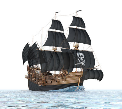 Old sailing pirate ship with black sails and a skull with daggers. 3d illustration