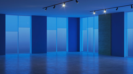 Modern office interior. Empty room. Evening lighting. 3D rendering.