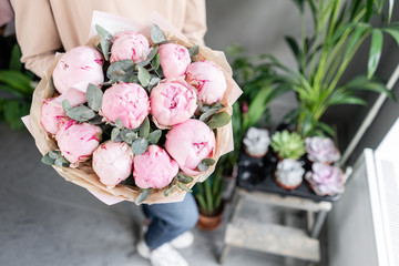 Pink peonies in womans hands. Beautiful peony flower for catalog or online store. Floral shop concept . Beautiful fresh cut bouquet. Flowers delivery