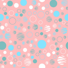 Trendy abstract seamless pattern with white, blue, green circles on a coral background. Seamless vector texture. Design for fabric, paper, packaging.