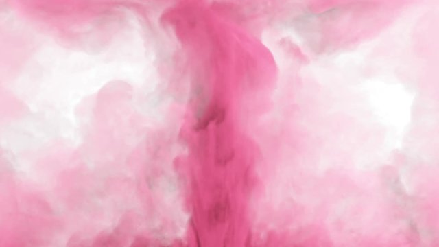 Pink spreading colored smoke 3D animation. Abstract inky swirling colorful powder cloud for wipe transitions and overlay effects. Isolated paint fog explosion isolated on white. Alpha channel