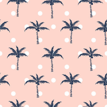 Palm trees pink polka dot retro style seamless pattern design.